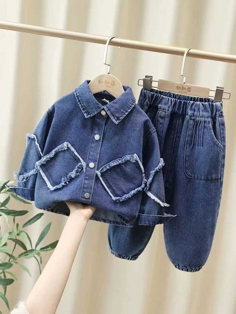Clothing Sets Childrens Spring and Autumn Clothing Set 2024 New Fashionable Boys and Girls Cowboy Two Piece Set for Boys Thin Top
