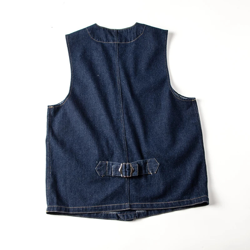 Buckle Back Retro Denim Vest Mens Multi Pockets Workwear Sleeveless Jacket Y2k Youth Male Striped Blue Camisole Top Vintage 240704