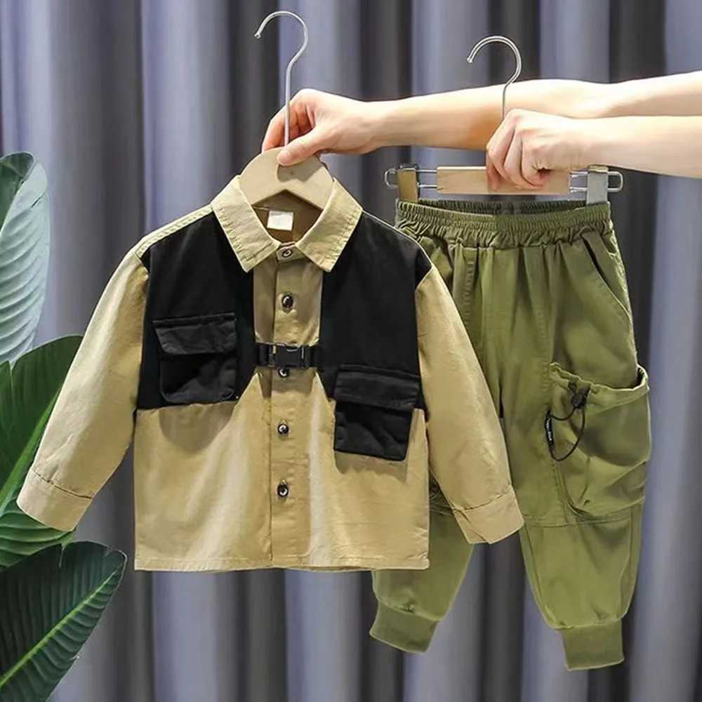 Clothing Sets Boys Autumn Set 2024 New Korean Spring and Autumn Cool Childrens Shirt+Pants Boys Two piece Set Trendy Kids Outfits
