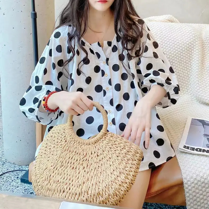 Women Floral Print Sweet Chic Kawaii Button Shirts Summer Korean Style O Neck 3/4 Sleeve Blouses Casual Y2K Streetwear Tops Ropa 240704