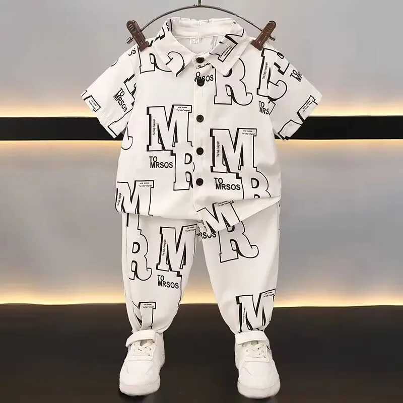 Clothing Sets Children Clothing Summer New Handsome Boys Casual Short Sleeve Fashion Printed Spliced Pocket Lapel Shirt Sets Two Pieces