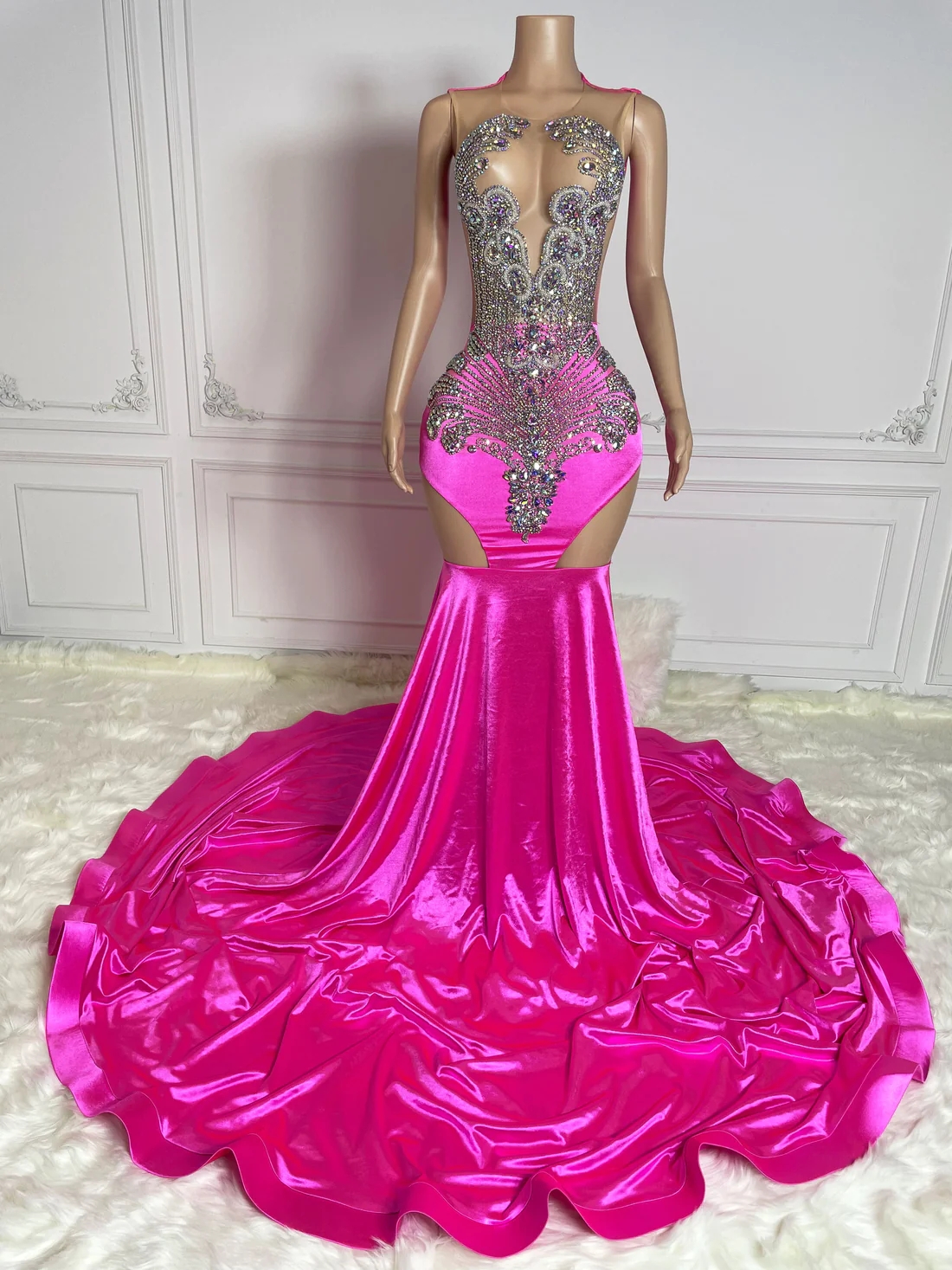 Pink Sheer Women Long Prom Dresses For Black Girls Sexy Mermaid Diamond African American Prom Gowns Evening Gala Party Dresses