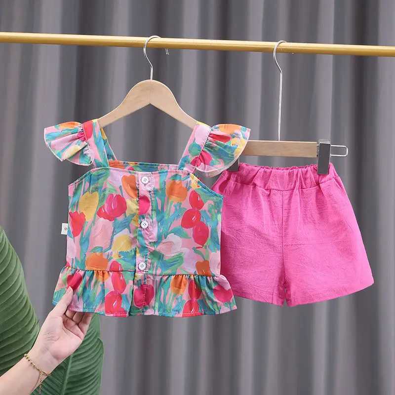 Clothing Sets Baby Girls Summer Children Clothes Fashionable Ruffle Sleeveless Tops Flower suspender Shorts 2pcs Outfit Set
