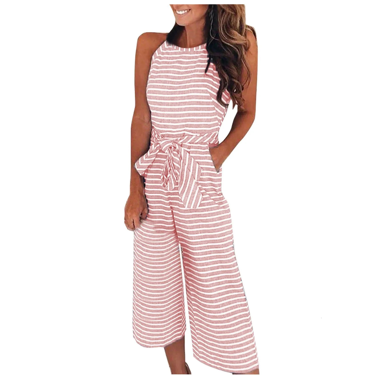 Jumpsuit Lady Outfit Elegant Women Sleeveless Jumpsuits Sexy Halterneck Long Rompers Wide Leg Pants Fashion Stripped Bodysuit 240703