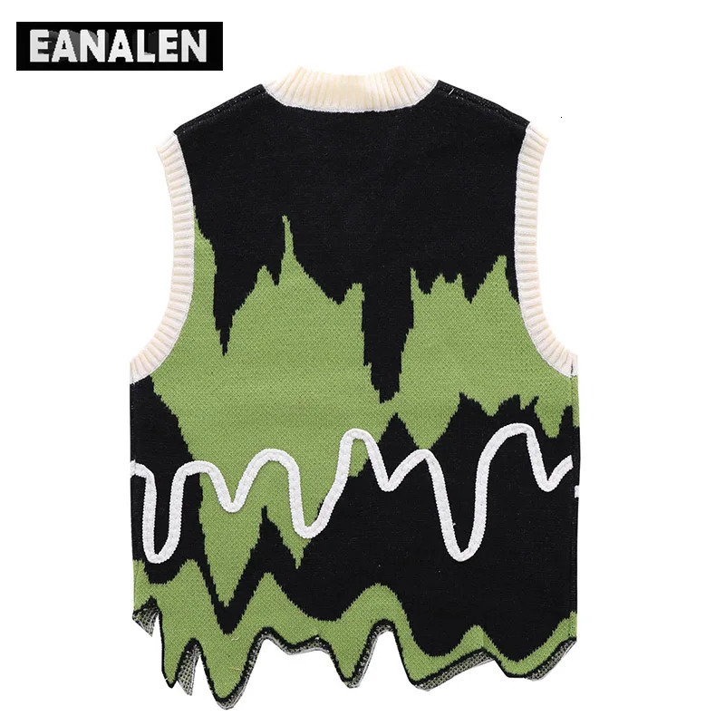Harajuku Black Green Colorblock Jumper Sweater Vest Womens y2k Retro Oversized Knitted Ugly Sleeveless Sweater Mens Aesthetic 240701