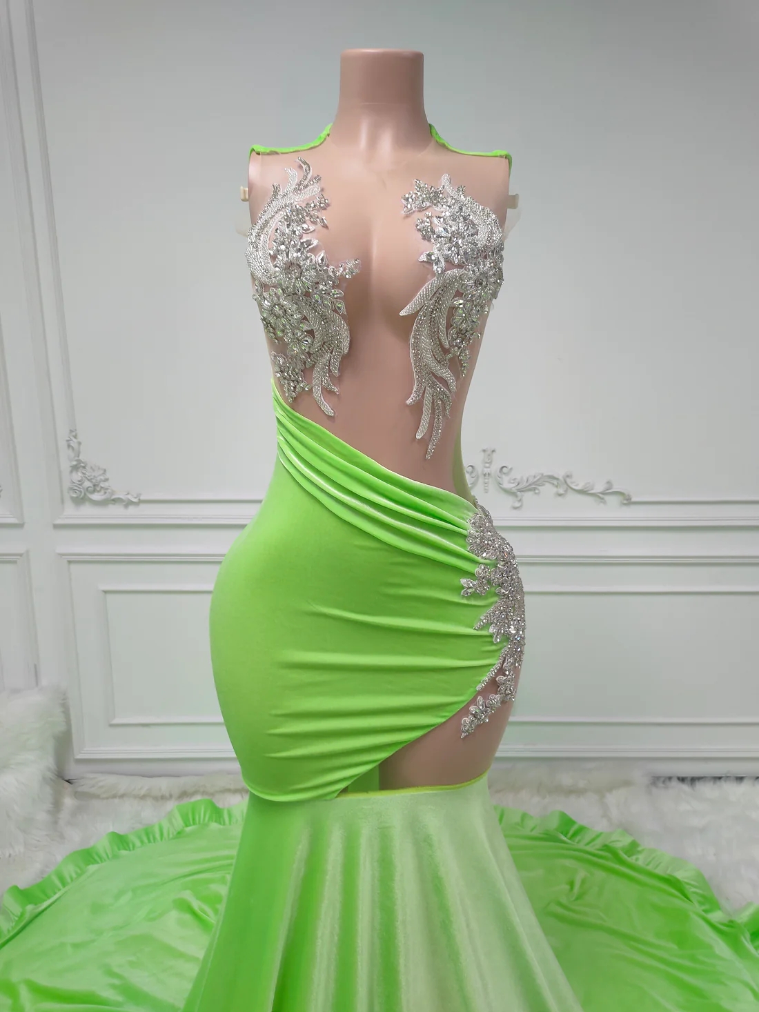 Lime Green Women Long Prom Dresses For Black Girls Luxury Mermaid Sheer Diamond African American Prom Gowns Evening Gala Party Dresses