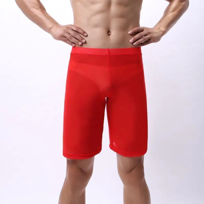 Mens Ice Silk Ultra-thin Bottom Shaping Summer Low Waist Sexy Transparent Tight-fitting Five-point Solid Color Bodysuit Pants 240703