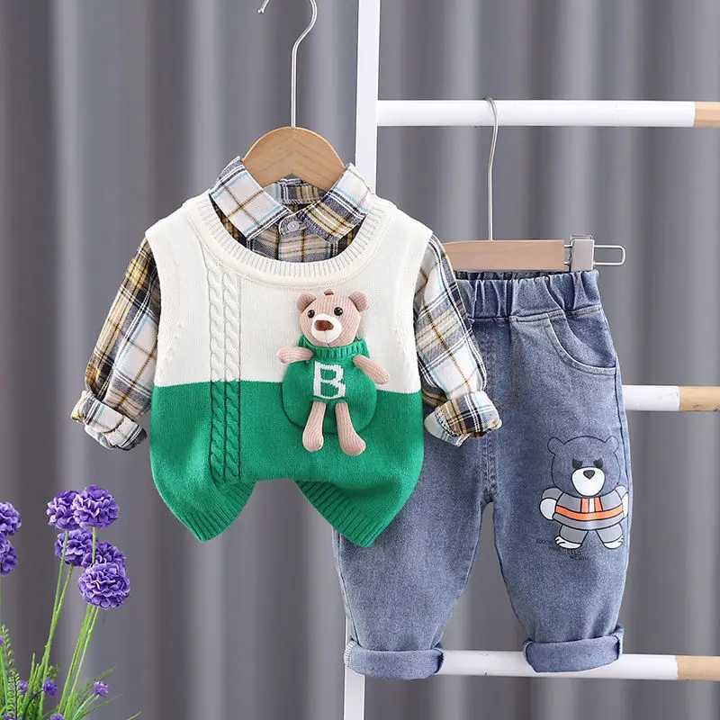 Clothing Sets Spring and Autumn Baby Boys Clothing Set New Childrens Sweater Vest Shirt Pants 3-piece Set Kids Outfits 6M 2T 3T 4T 5T