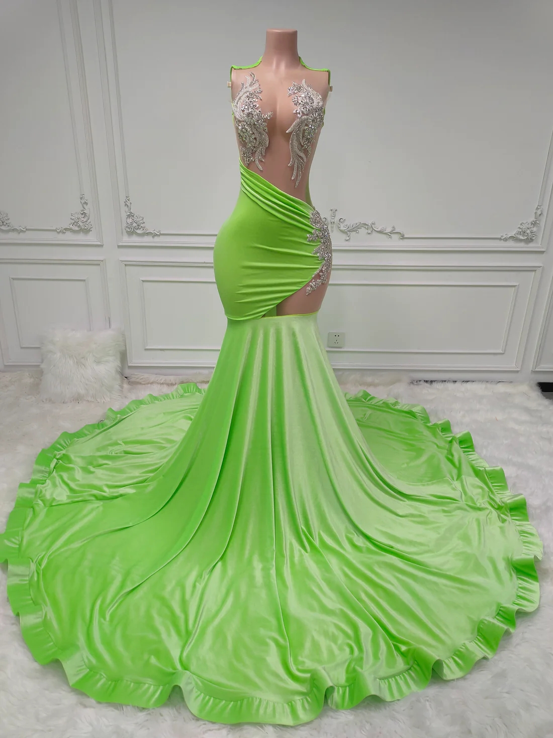 Lime Green Women Long Prom Dresses For Black Girls Luxury Mermaid Sheer Diamond African American Prom Gowns Evening Gala Party Dresses