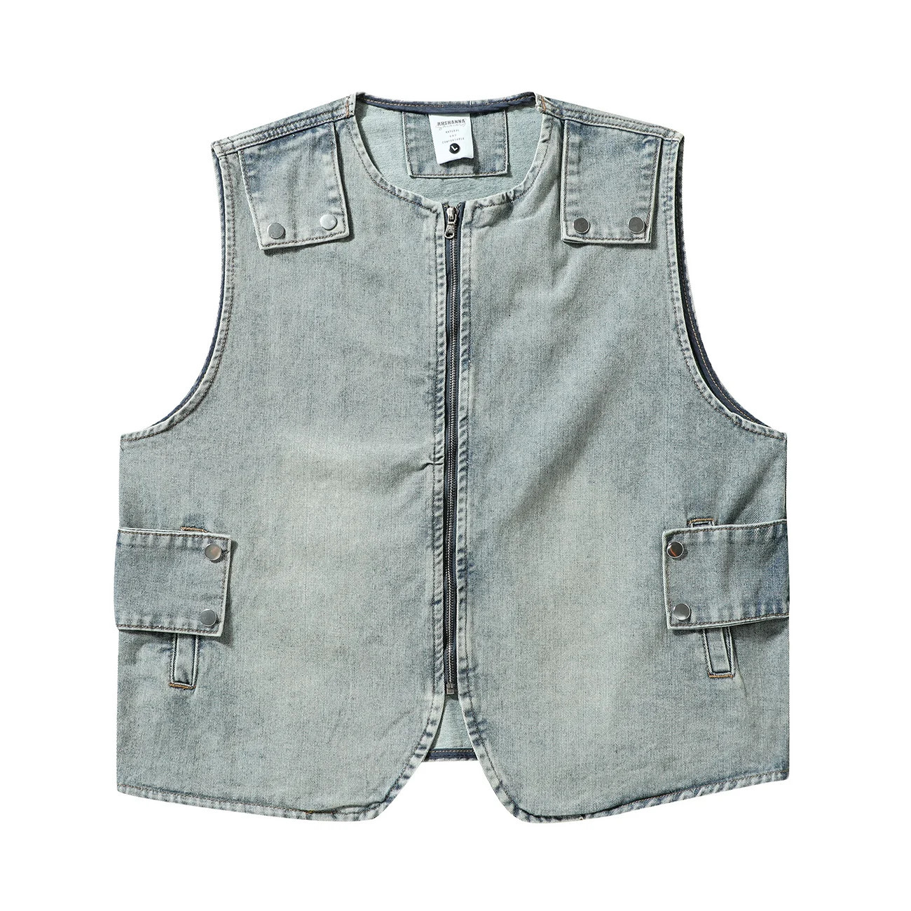 American Original Trendy Functional Denim Cargo Vest Washed Distressed Dark Vintage Round Neck Zipper Up Jeans Vests Couple 240701