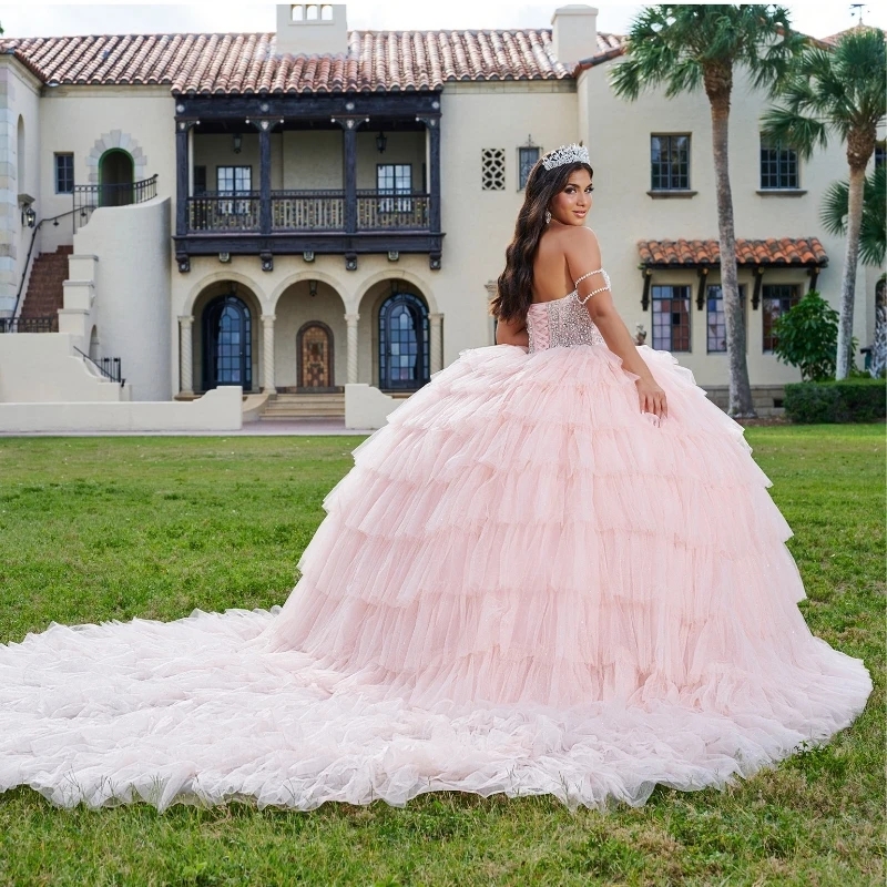 Luxury Pink Ball Gown Quinceanera Dresses 2025 Beads Crystal Tull Tiered Ruffles Mexican Sweet 16 Dresses Vestidos De 15 Anos
