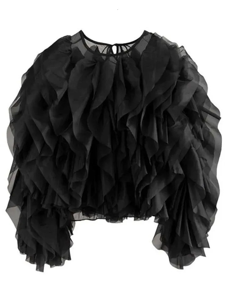 TWOTWINSTYLE Solid Patchwork Folds Shirts For Women Round Neck Lantern Sleeve Spliced Lace Up Loose Pullover Blouse Female Style 240703