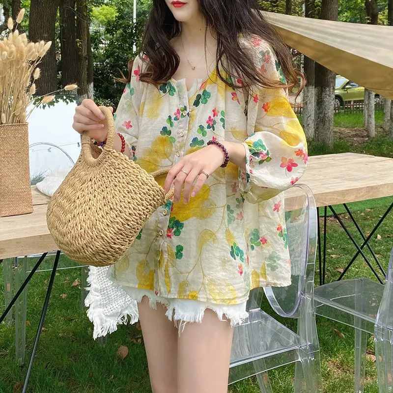 Women Floral Print Sweet Chic Kawaii Button Shirts Summer Korean Style O Neck 3/4 Sleeve Blouses Casual Y2K Streetwear Tops Ropa 240704