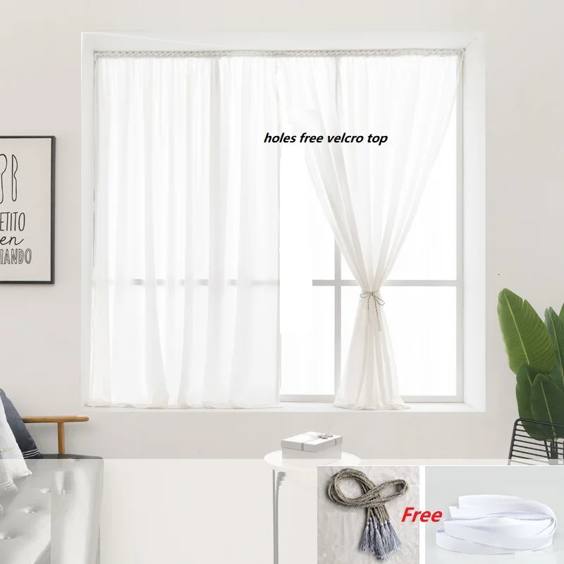 Punch-Free Semi Sheer Curtains Solid White Chiffon Curtains Self-Adhesive Weave Textured Privacy Translucent Drape for Door Window Decor 240705