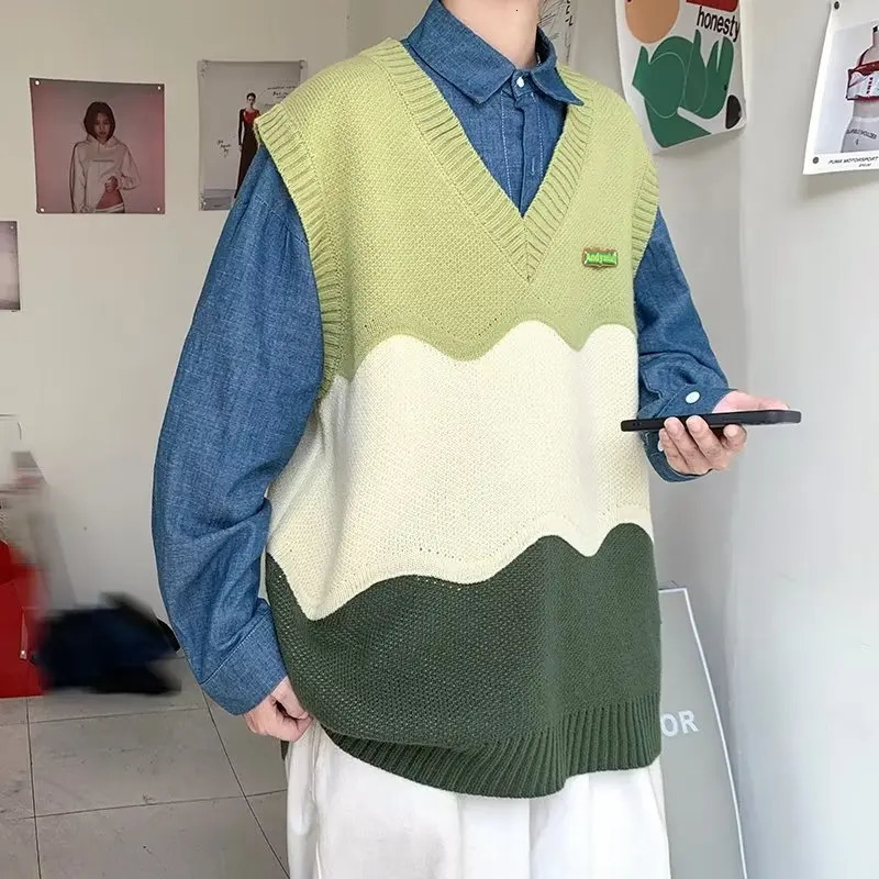 College Knitted Vest Sweaters Men Women High Street Casual Color Block V-neck Sleeveless Sweater Loose Casual Pullover Tops 240704