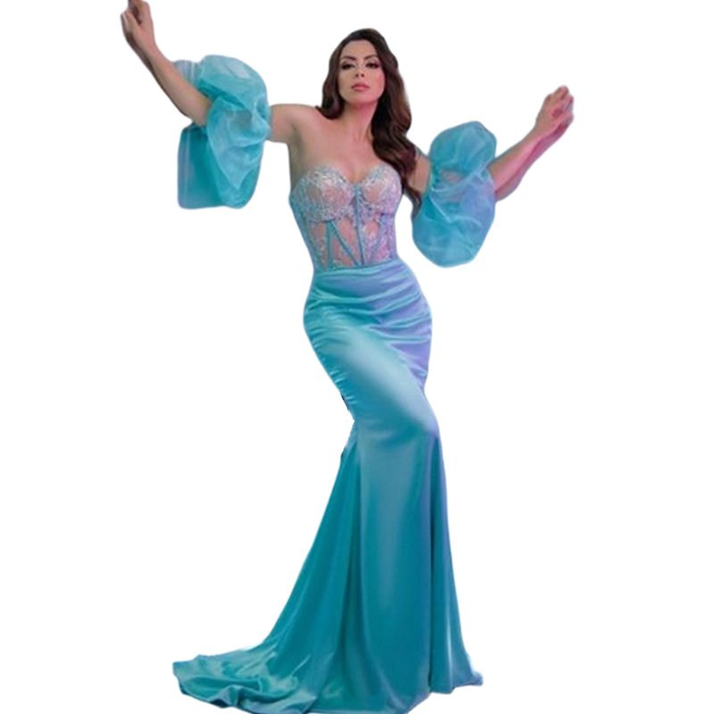 Cyan Mermaid Prom Dresses With Detachable Puff Sleeves Lace Appliques Illusion Top Corset Long Evening Gowns For Women 2024 Prom Pageant Party Dress