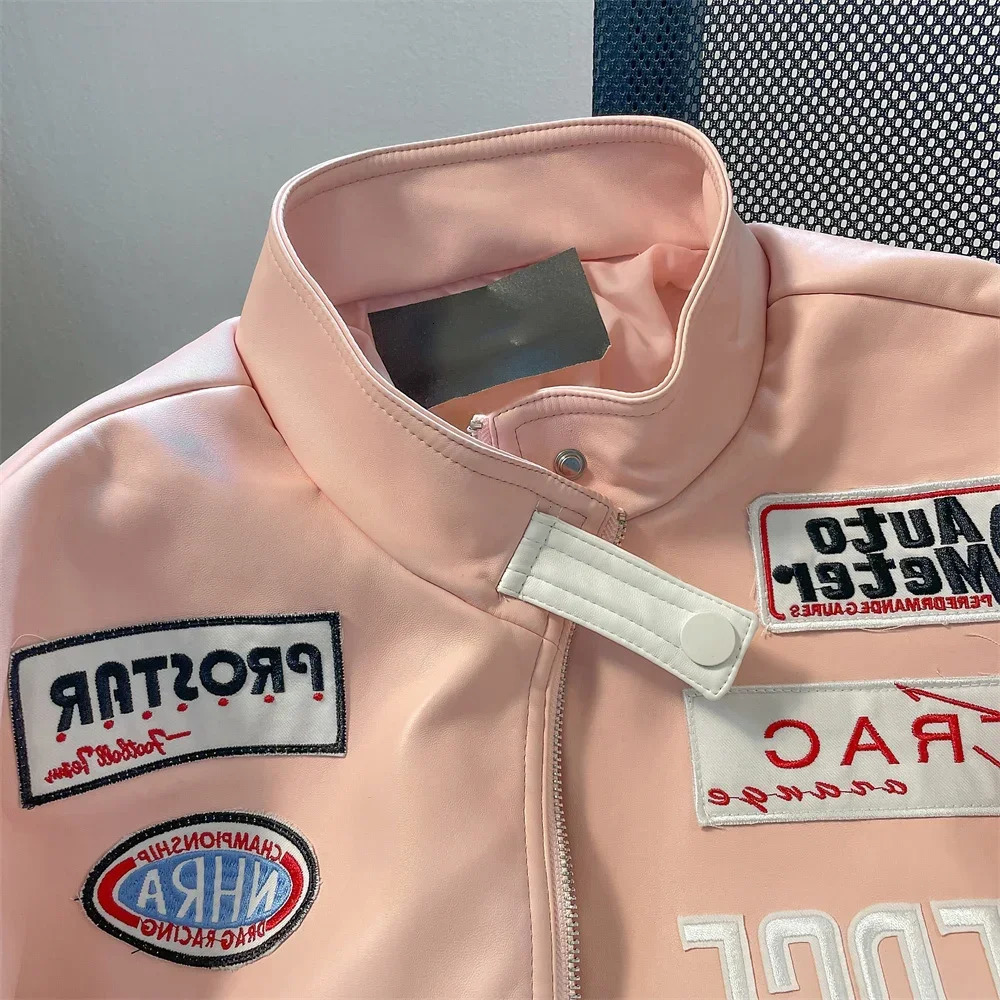 Womens Up Leather Motorcycle Jacket American Pink Jacket Y2K Stitching High Quality Embroidered Windproof Jackets Hip Hop 240625