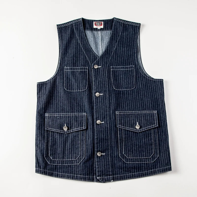 Buckle Back Retro Denim Vest Mens Multi Pockets Workwear Sleeveless Jacket Y2k Youth Male Striped Blue Camisole Top Vintage 240704