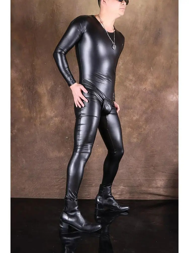 S-5XL Winter Fleece PU Leather Catsuit Mens Thermal Underwear Tight Warm Bodysuit Jumpsuit Leotard Conjoined Body Pyjama Unitard 240703