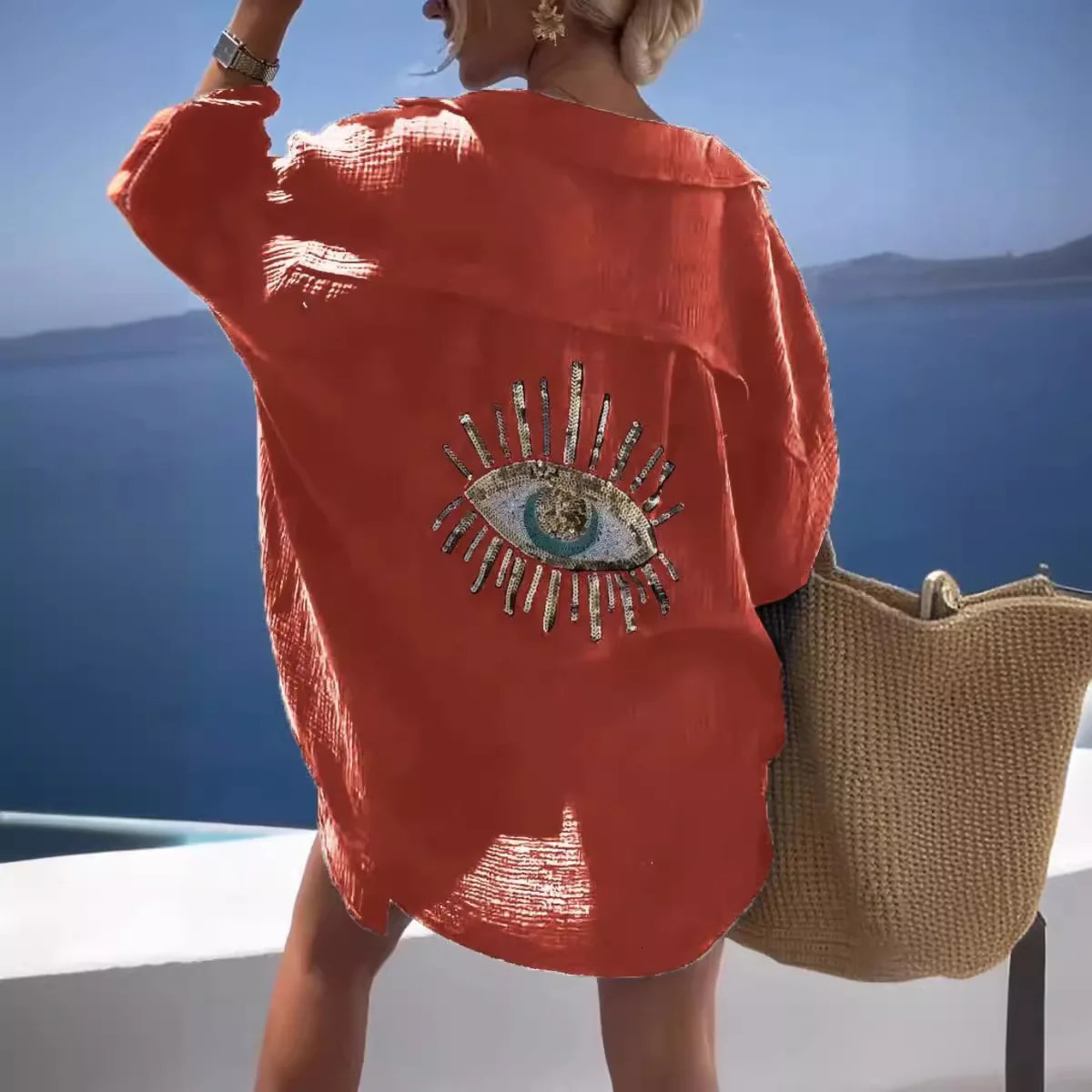 Summer Casual Sequin Eye Shirt Dres Fashiona Beach Style Loose Button Sun Protection Cotton Linen Tops 240627