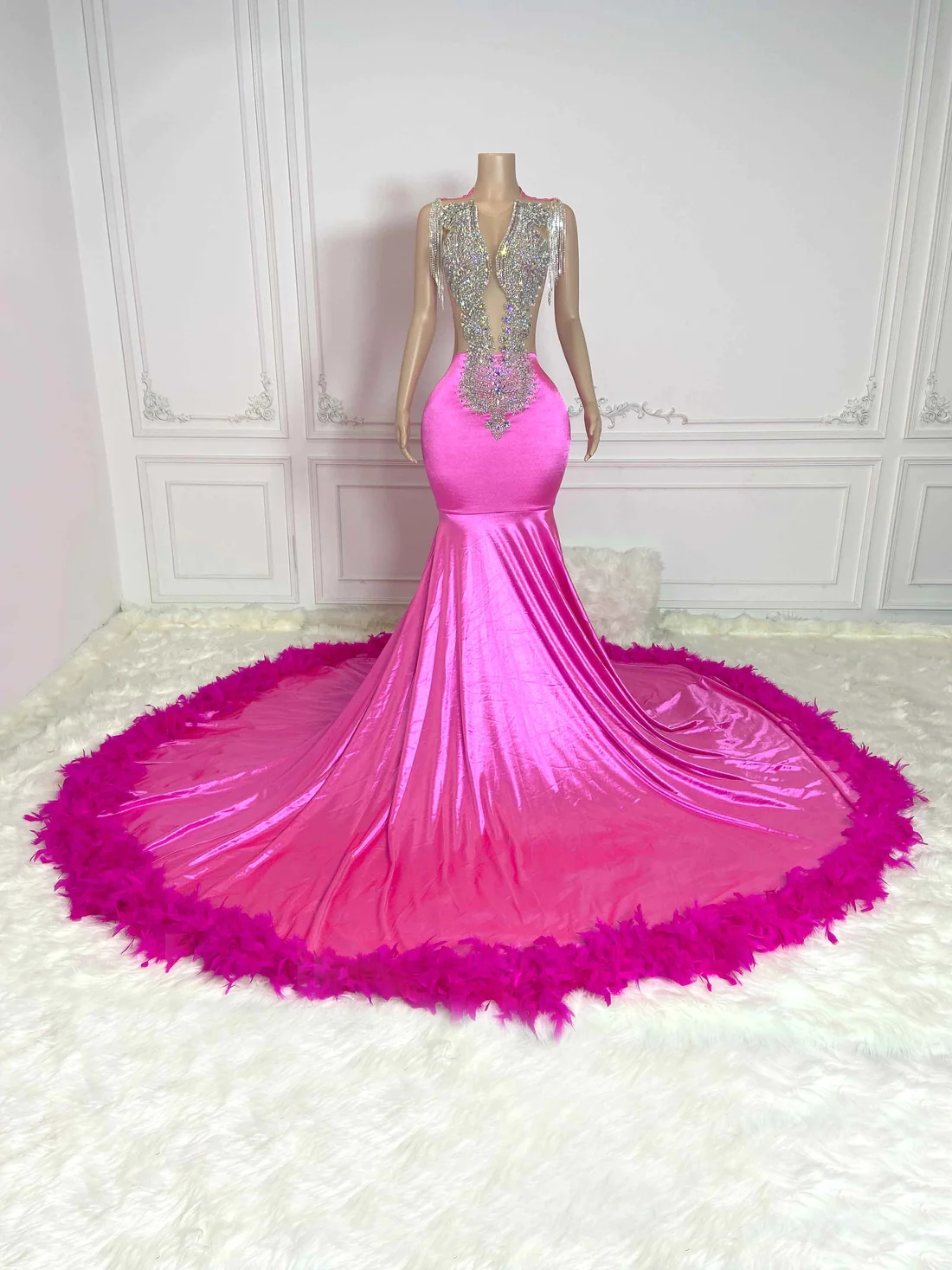 Fuchsia Sheer Feather Women Long Prom Dresses For Black Girls Mermaid Diamond African American Prom Gowns Evening Gala Party Dresses