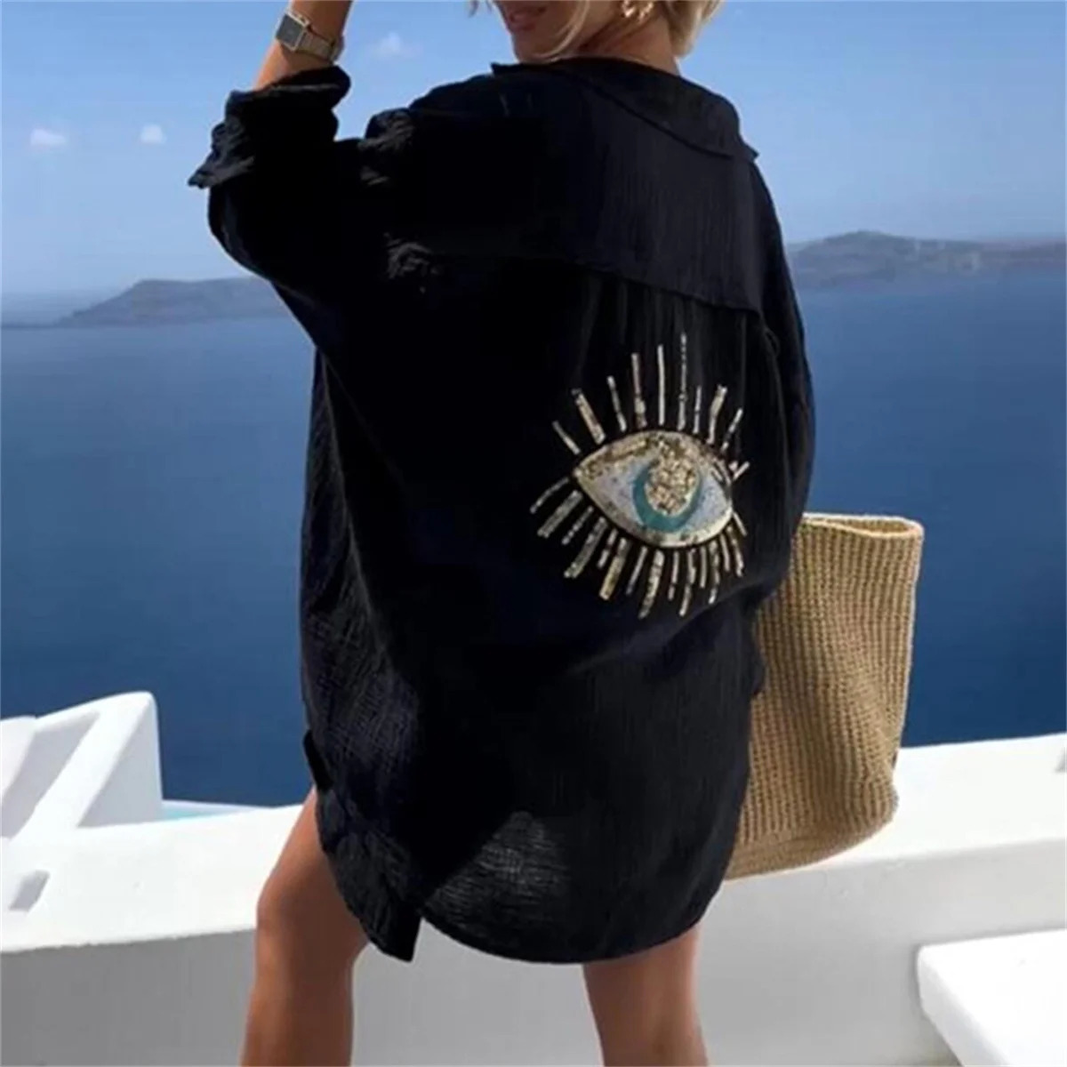 Women Casual Sequin Eye Shirt Dress Summer Fashion Beach Style Loose Button Sun Protection Cotton Linen Geometric Tops 240627