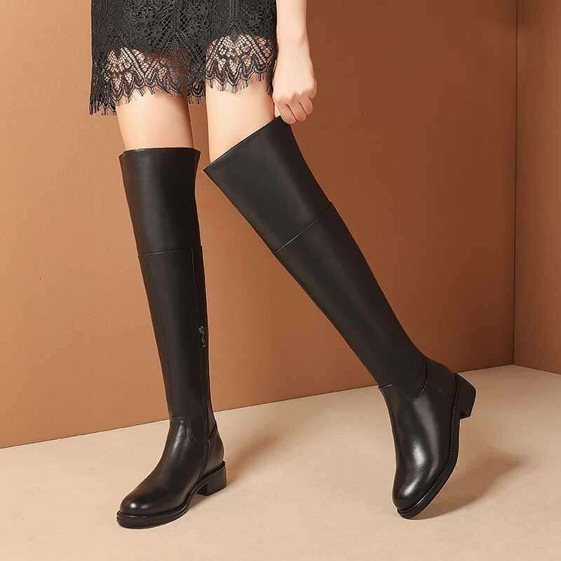 Big Size 43 Cow Leather Round Toe Med Heel Young Lady Daily Wear Simple Style Classic Black Over-The-Knee Boots L52