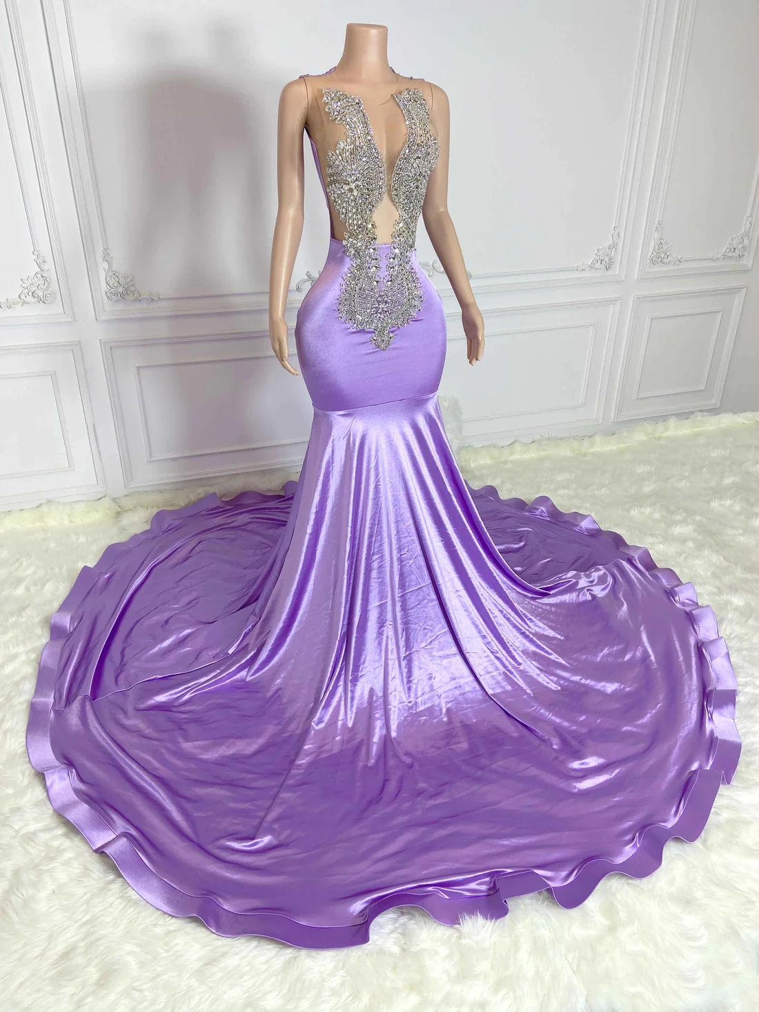 Lilac Sexy Sheer Women Long Prom Dresses For Black Girls Luxury Mermaid Diamond African American Prom Gowns Evening Gala Party Dresses J054