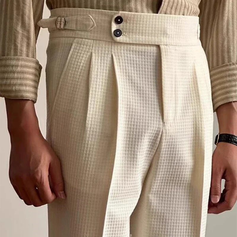 Vintage Belt-up High Waist Trousers Men Spring Summer Fashion Solid Color Waffle Breathable Pants Mens Old Money Aesthetic Pants 240701
