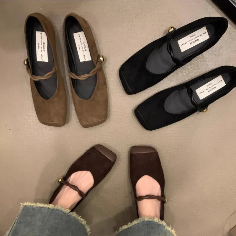 Womens Ballet Flats Faux Suede Mary Jane Square Toe Ball Buckle Strap Casual Shoes Comfortable Woman Flats Spring Autumn 1687N 240705