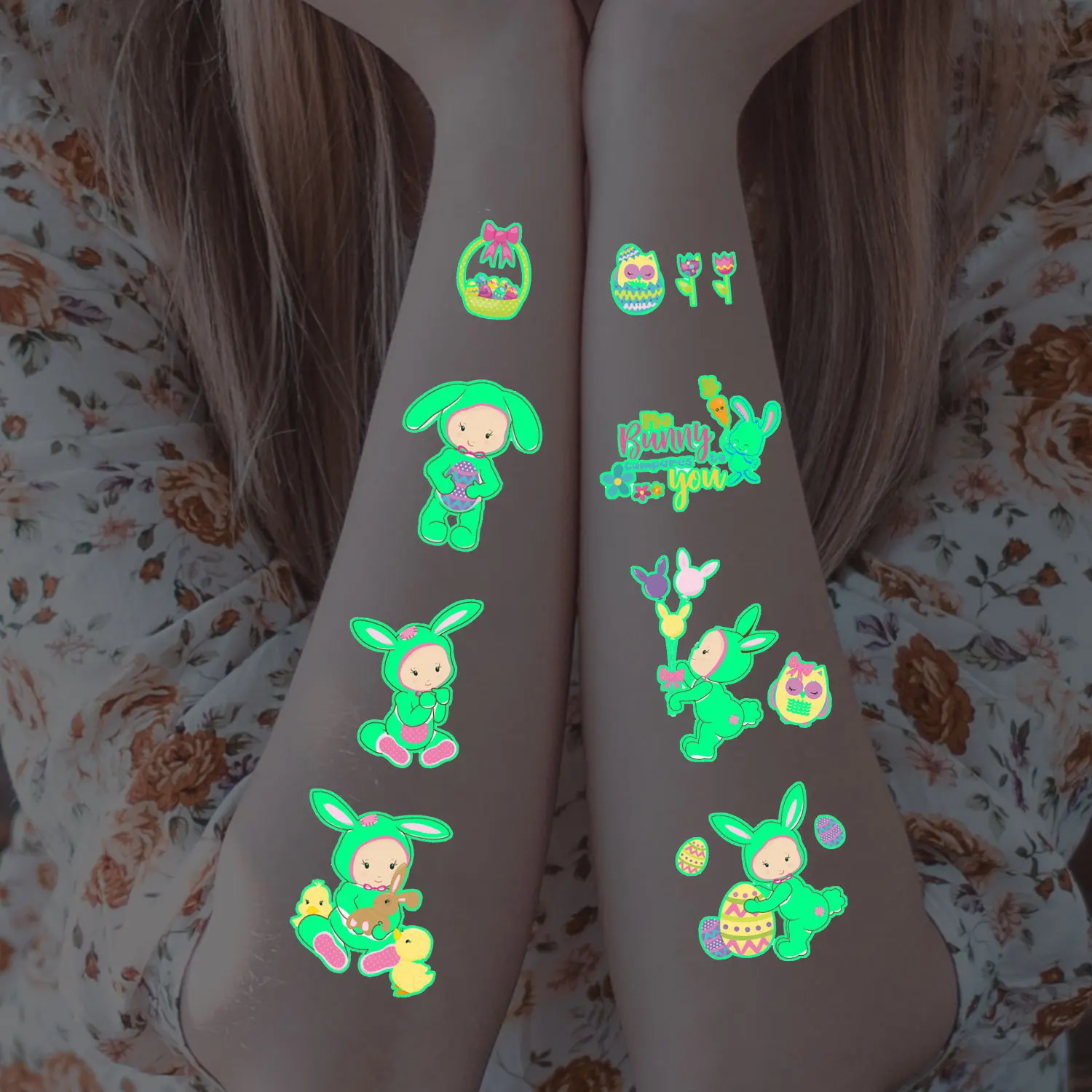 10 pieces of Easter cartoon bunny Easter egg pattern illuminated temporary tattoo stickers night glow birthday party gift stickers 240705