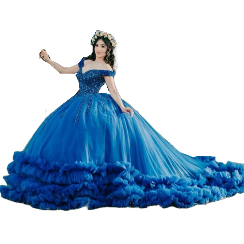 Blue Princess Quinceanera Dresses Ruffles Tiered Long Train Ball Gown Off Shoulder Sweet 16 Dress Lace Appliques Beaded Glamours Prom Special Occasion