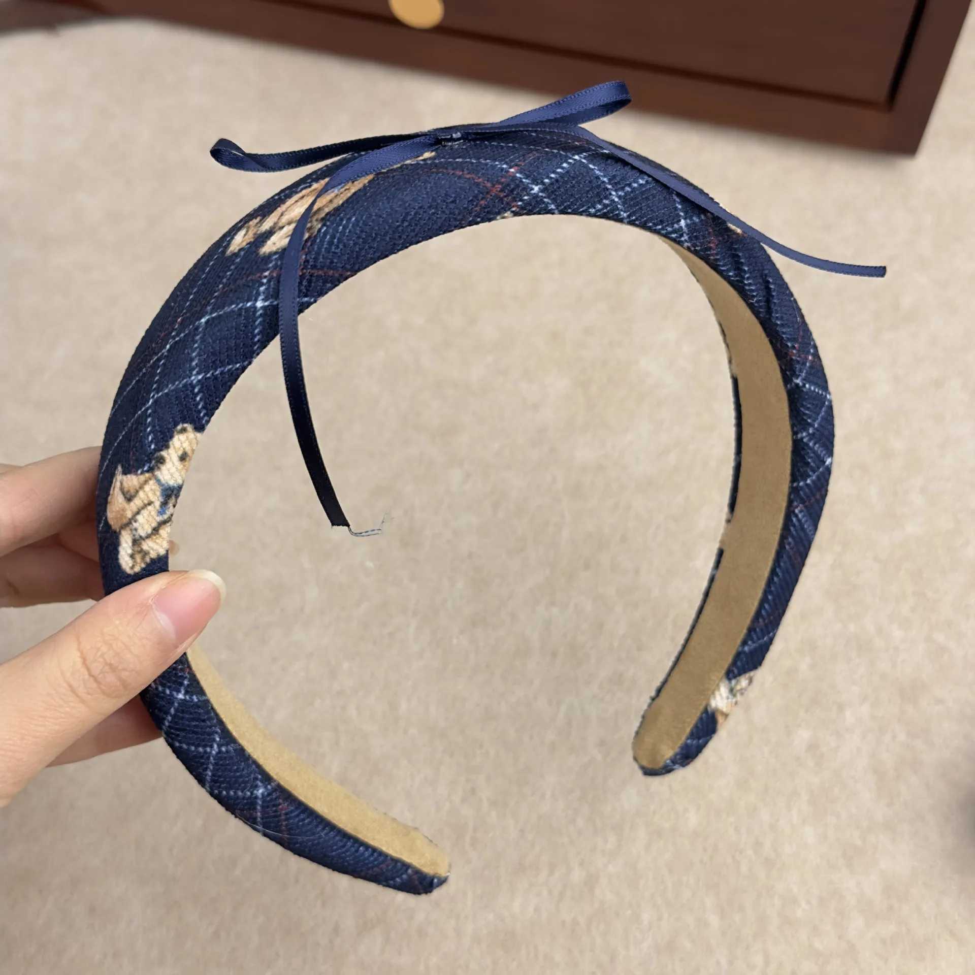 Headbands Korean Teddy Bear Fabric Lace Scrunchies Hairband 2024 Cute Girl Ribbon Vintage Striped Headband Cartoon Bear Hair Accessories