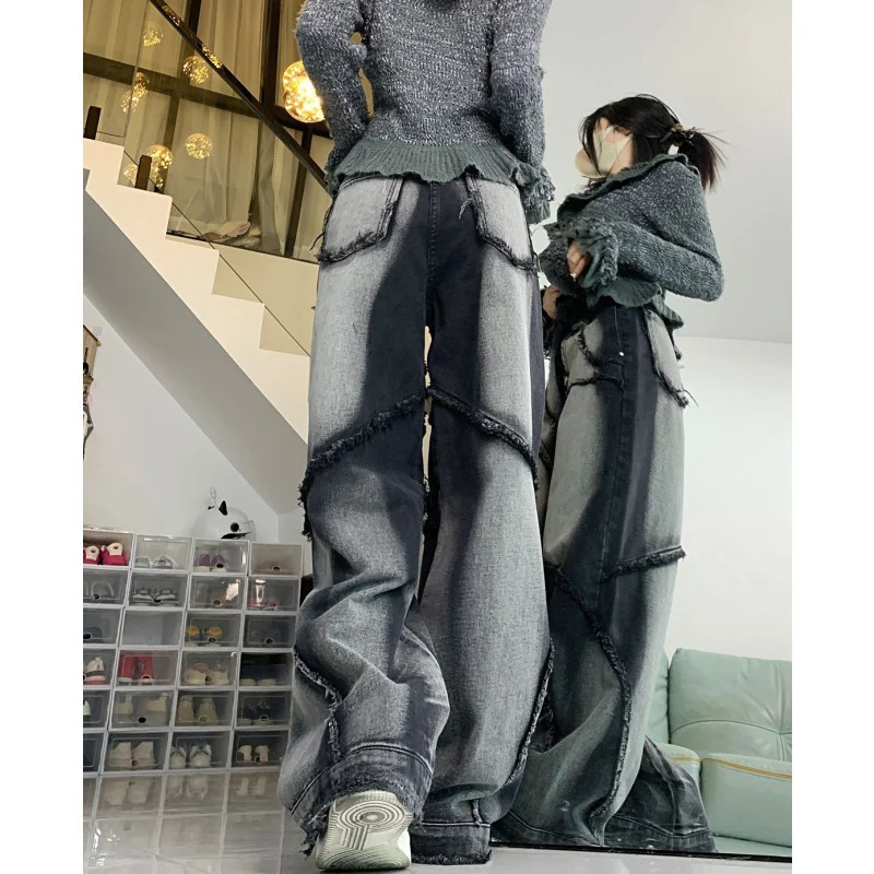 Black High Waist Women Jeans Hip-hop Style Fashion Vintage Streetwear Y2K Wide Leg Jean 2024 Female Trouser Baggy Denim Pants 240703