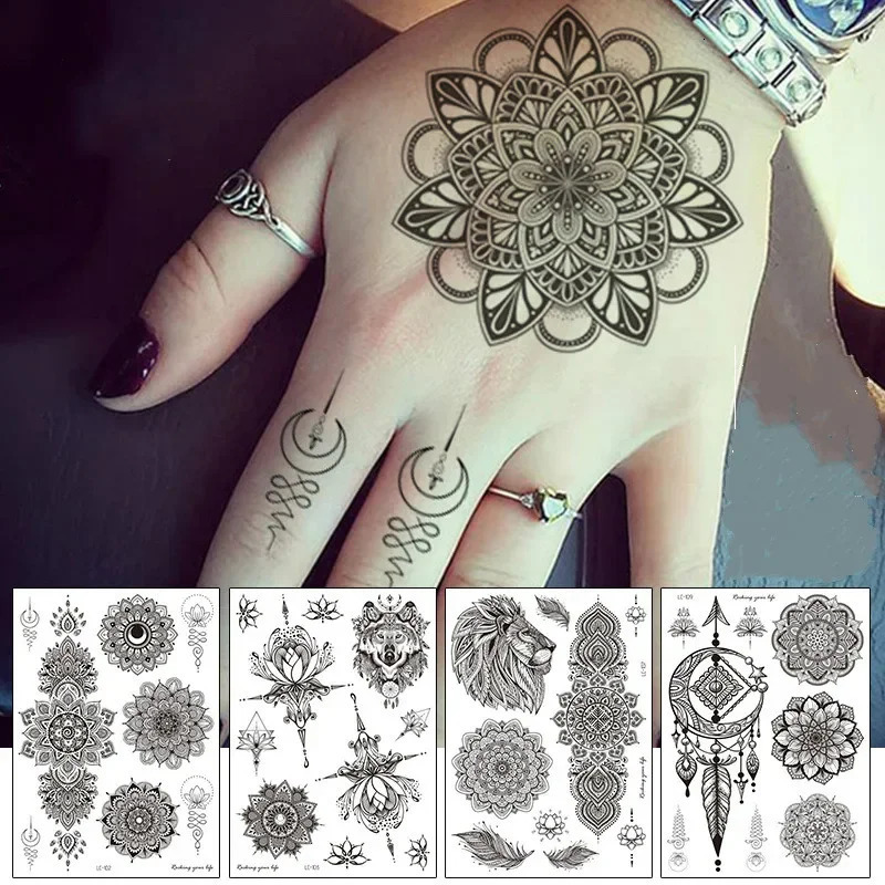 Black lace pattern rose peony girl temporary tattoo waterproof tattoo sticker 3D flower womens shoulder DIY 240705