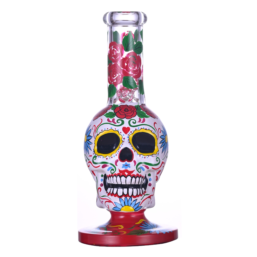 9.4in HippiesGlass,Hand Drawn Terror Skeleton Glass Beaker Bong,Cute Flower Bong,Borosilicate Glass Water Pipe,Glass Hookah,Handmade Crafts,Smoking Ac