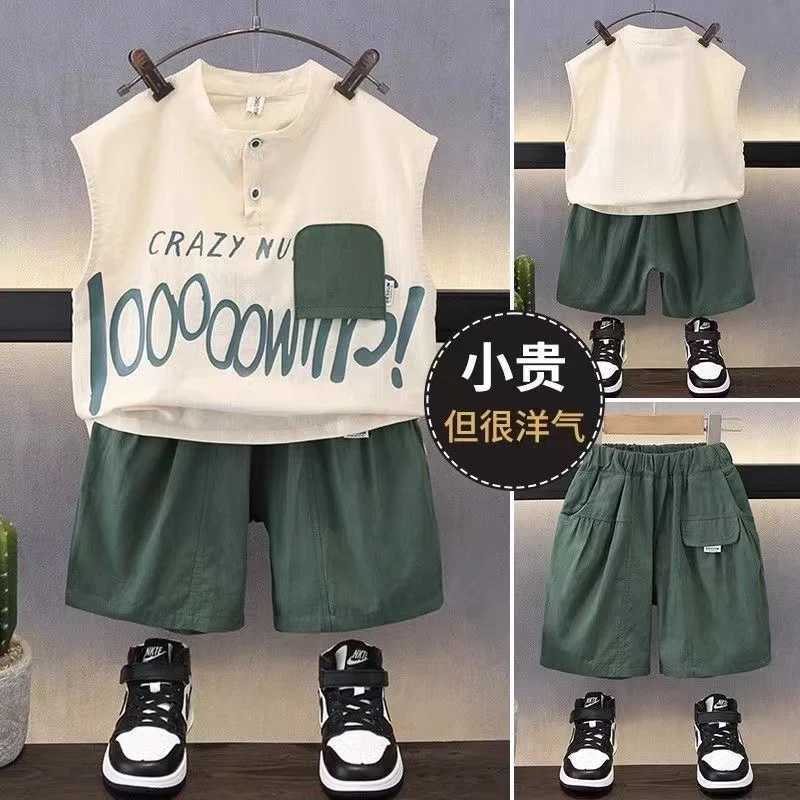 Clothing Sets Childrens Set Boys Summer Sleeveless Vest 2024 New Western Style Baby Summer Cool Childrens Two Piece Set Trendy