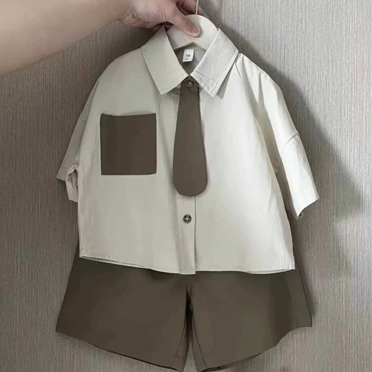 Clothing Sets Boys Clothing Summer Shirts 2024 New Neckties Childrens Shorts Trendy Summer Clothing Handsome Little Boys College Style