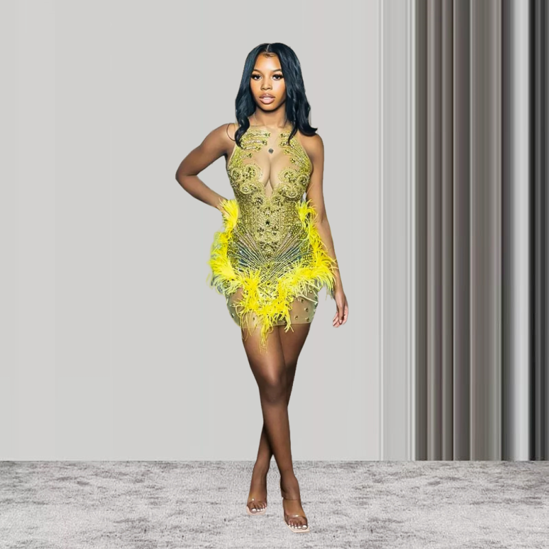 Yellow Crystals Feather Short Prom Dresses For Black Girls See Through African American Cocktail Dresses Birthday Party Homecoming Gowns