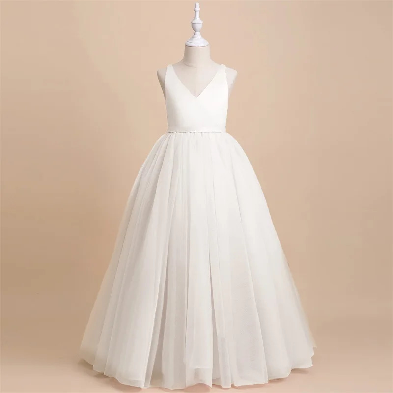 Elegant Girls Big Bow Dress Teen Girl White First Communion Ceremony Long Robe Clothing Kids Bridesmild Wedding V-Neck Vestidos 240704