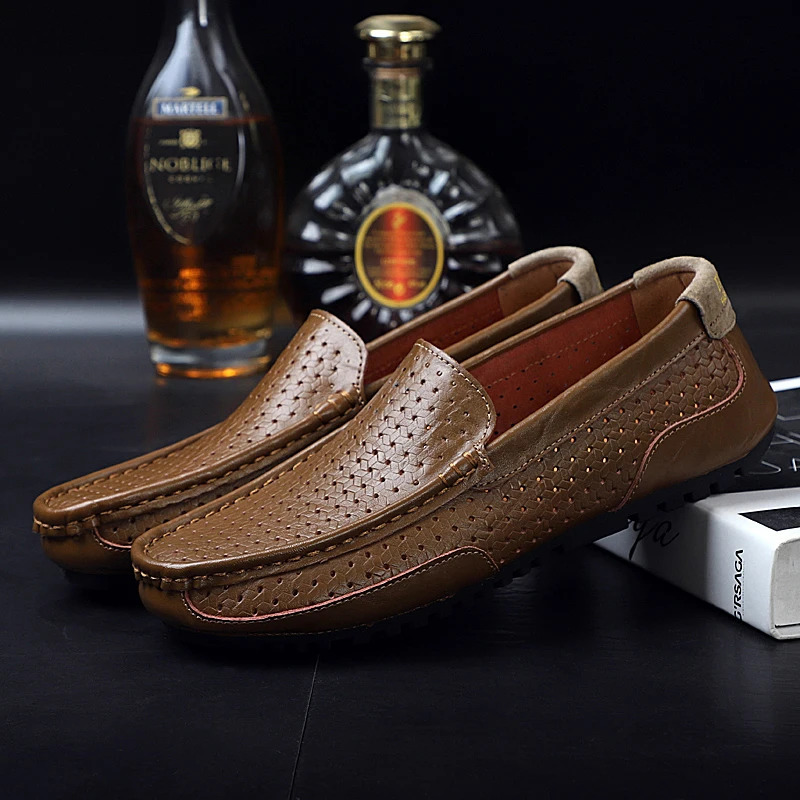 mens casual leather shoes breathable holes summer leather mens soft-soled moccasin shoes hollow driving shoes BTMOTTZ 240705
