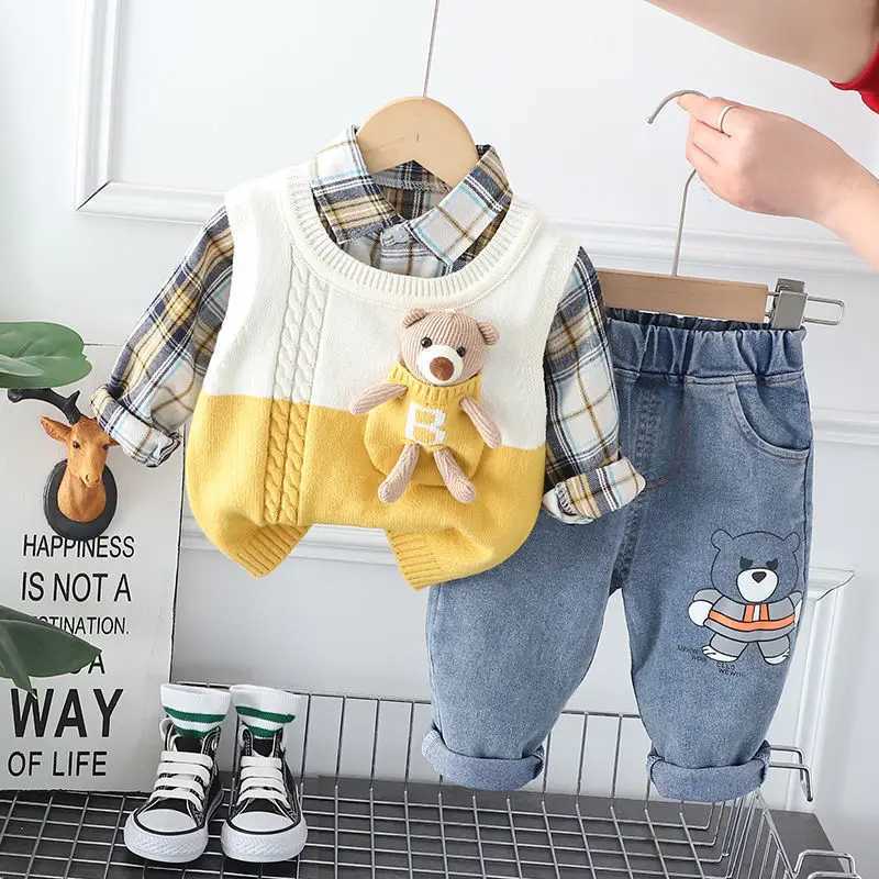 Clothing Sets Spring and Autumn Baby Boys Clothing Set New Childrens Sweater Vest Shirt Pants 3-piece Set Kids Outfits 6M 2T 3T 4T 5T