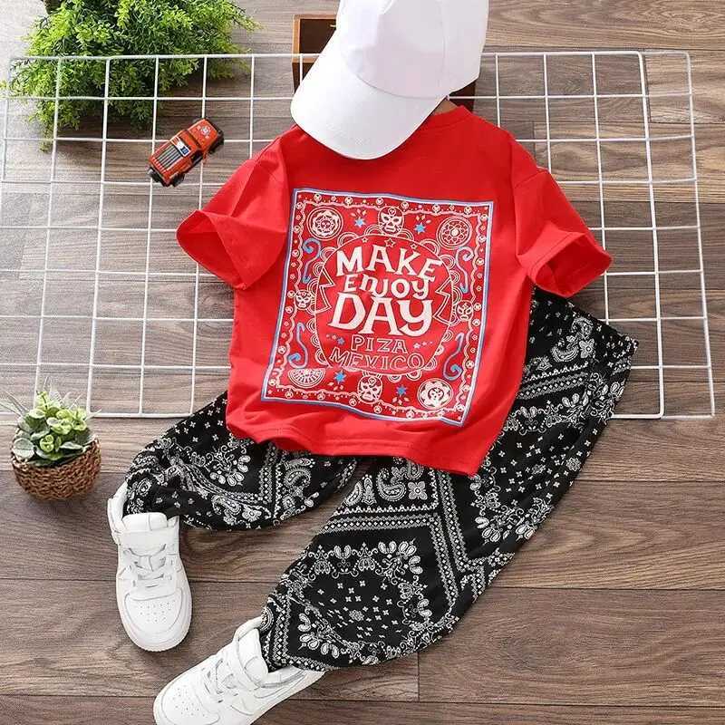 Clothing Sets 3-15Y Childrens Clothing Set Summer New Boys Baby Thin Cashew Flower Short Sleeve T-shirt Pants 2 Piece Set Kids Outfits