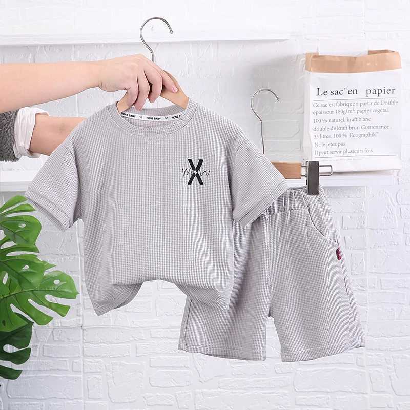 Clothing Sets New Summer Baby Boys Clothes Set Cotton Short Sleeve Waffle T-Shirts And Solid Shorts 2Pcs Casual Suit for Kids 1-5 Years