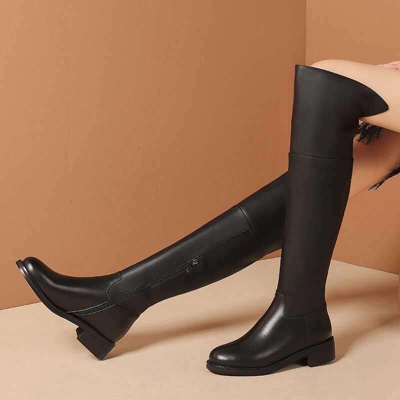 Big Size 43 Cow Leather Round Toe Med Heel Young Lady Daily Wear Simple Style Classic Black Over-The-Knee Boots L52