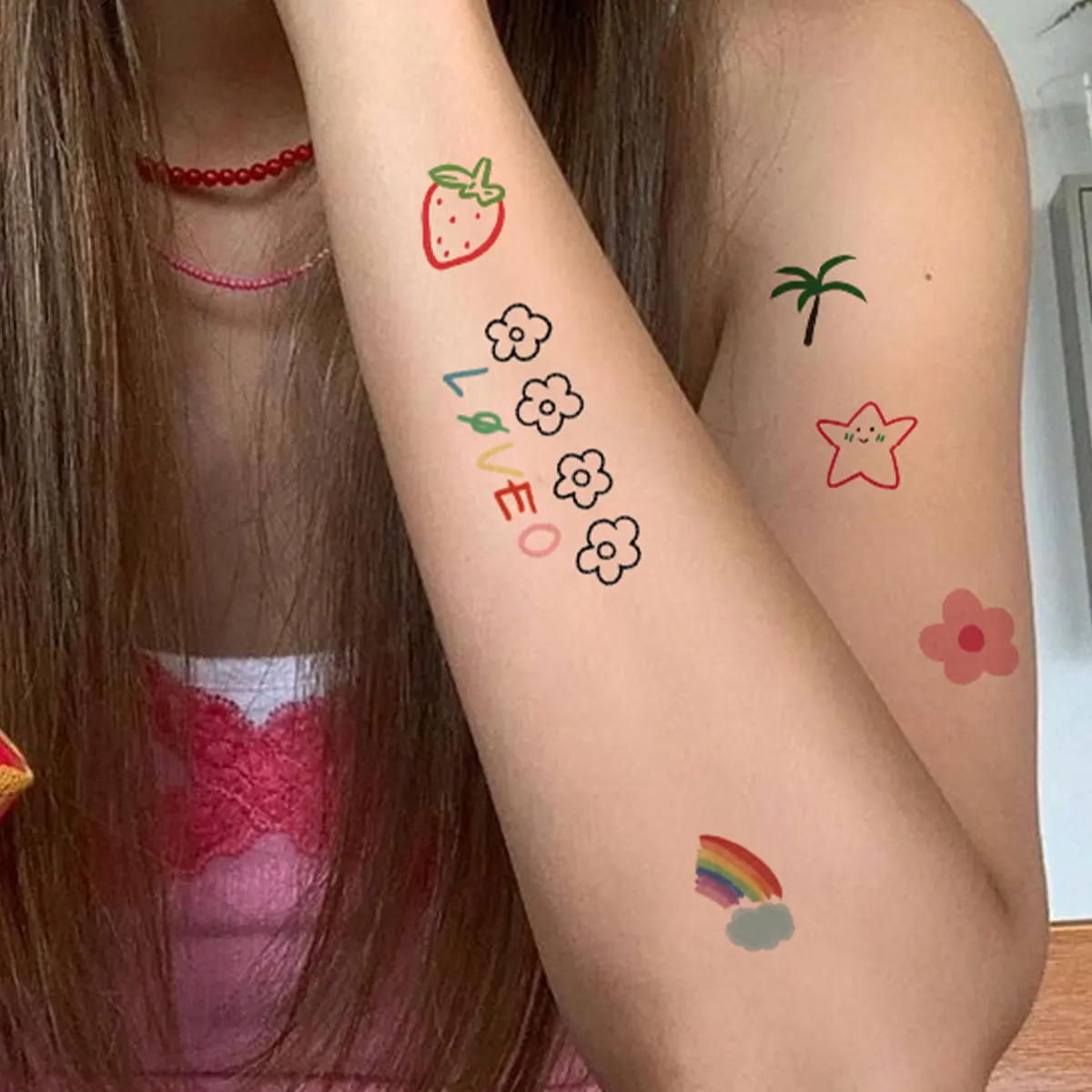 6 pieces of cartoon pattern colored flower heart-shaped temporary tattoo stickers waterproof magic tattoo disposable tattoo stickers 240705