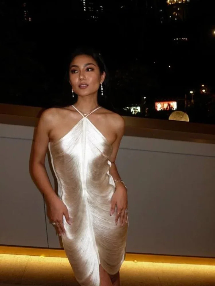 Women Sexy Backless Silvery Mini Dress Fashion Sparkling Off Shoulder Sleeveless Vestidos Female Evening Party Club Dresses 240627
