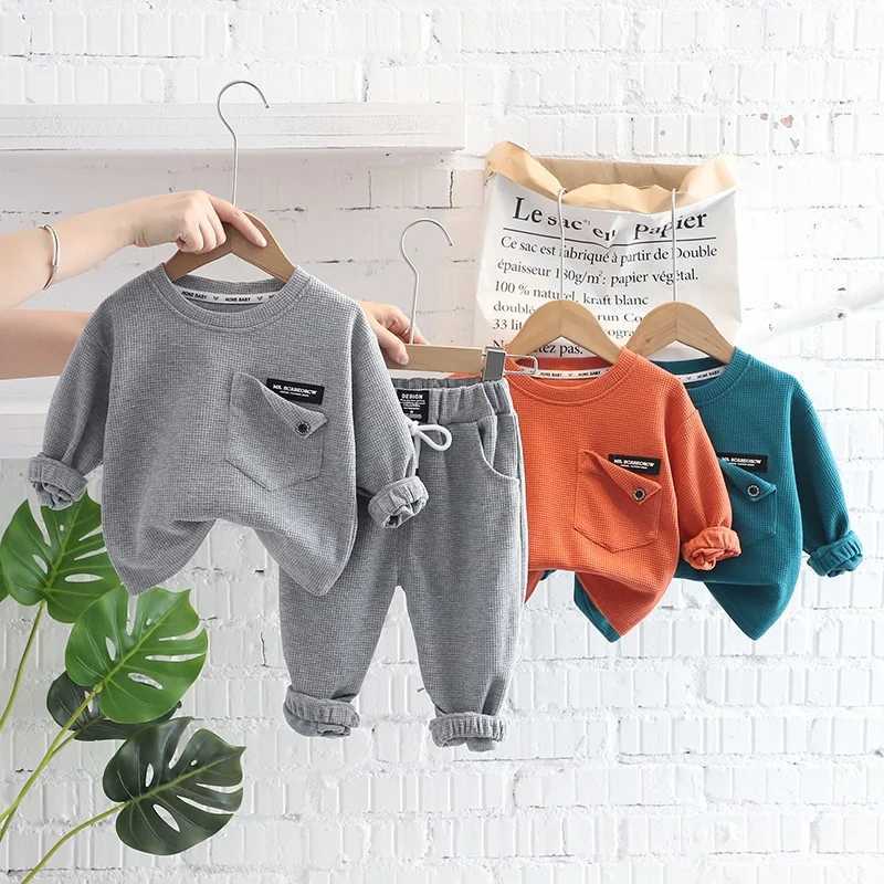 Clothing Sets Spring Autumn Children Clothes Baby Boys Cotton Solid Waffle Sweatshirt + Pants 2Pcs Set Toddler Fashion Costume Kids Tracksuits