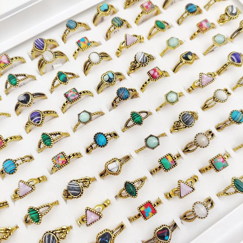 20/30/50Pcs/Lot Vintage Pine Stone Rings for Women Wholesale Mix Bohemian Style Antique Gold Color Ethnic Joint Men Jewelry Gift 240626