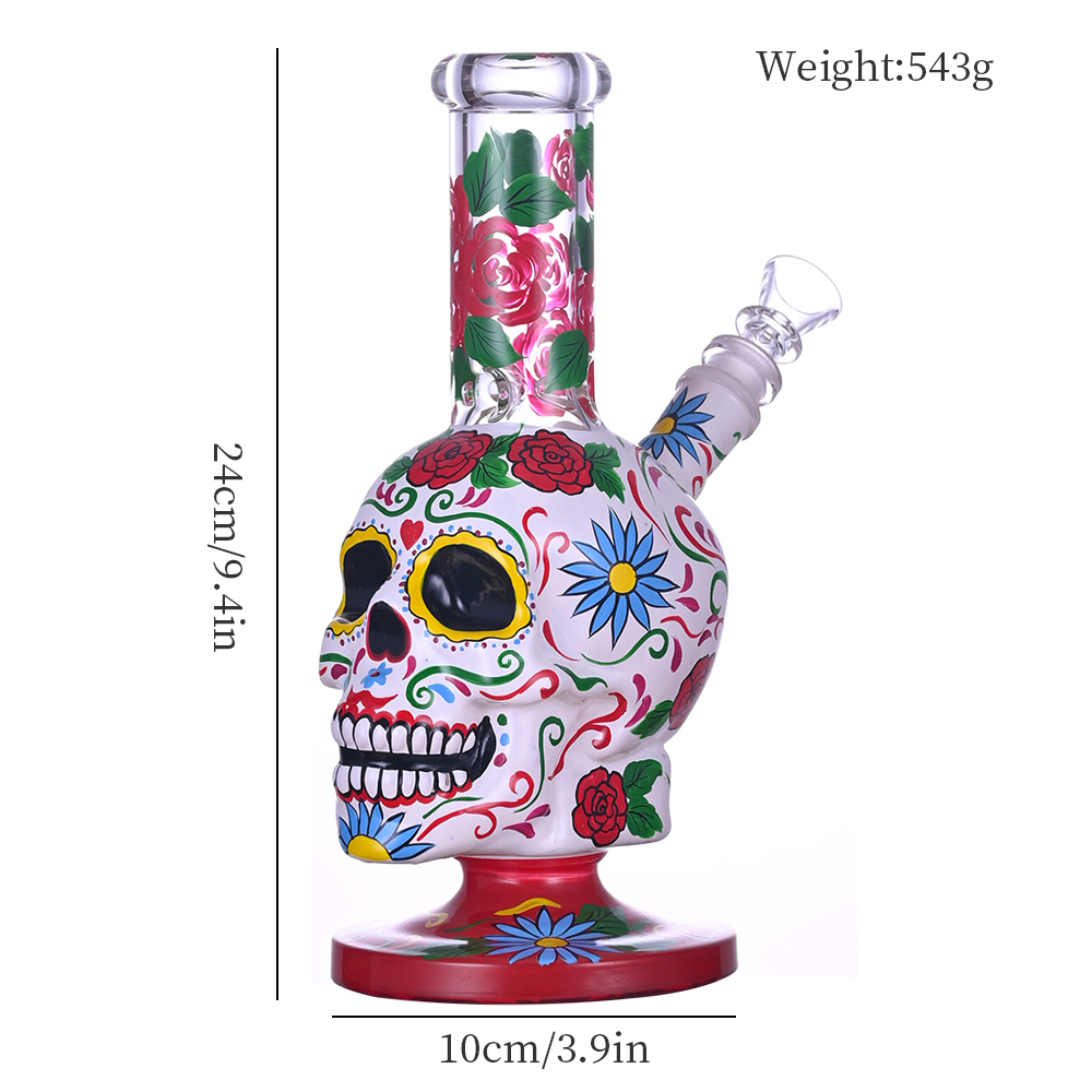 9.4in HippiesGlass,Hand Drawn Terror Skeleton Glass Beaker Bong,Cute Flower Bong,Borosilicate Glass Water Pipe,Glass Hookah,Handmade Crafts,Smoking Ac
